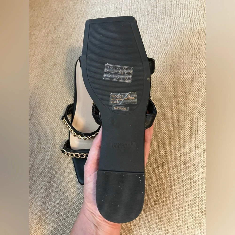 Black square toe sandals with chain accents - Picture 3 of 4